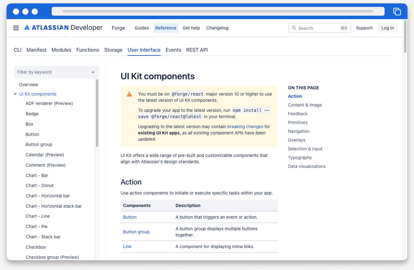 A screenshot of the Forge UI Kit components online documentation.