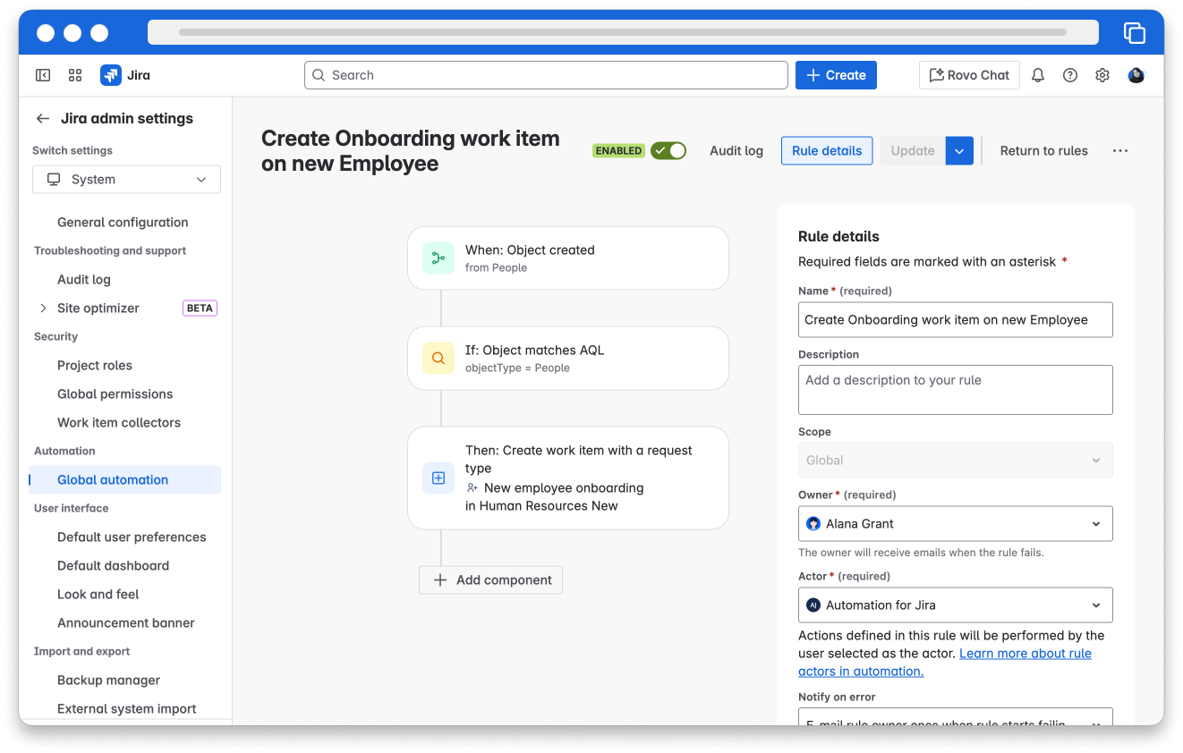 This is a screenshot of an automation rule. When a new People object is added, the object type is People, then an onboarding work item will be created using the new object’s details.