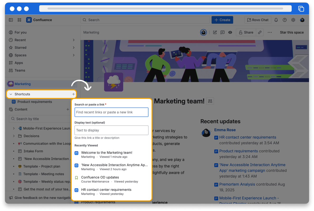 A page in Confluence. Shortcuts is highlighted in the sidebar, and the add shortcuts pop-up is visible.  