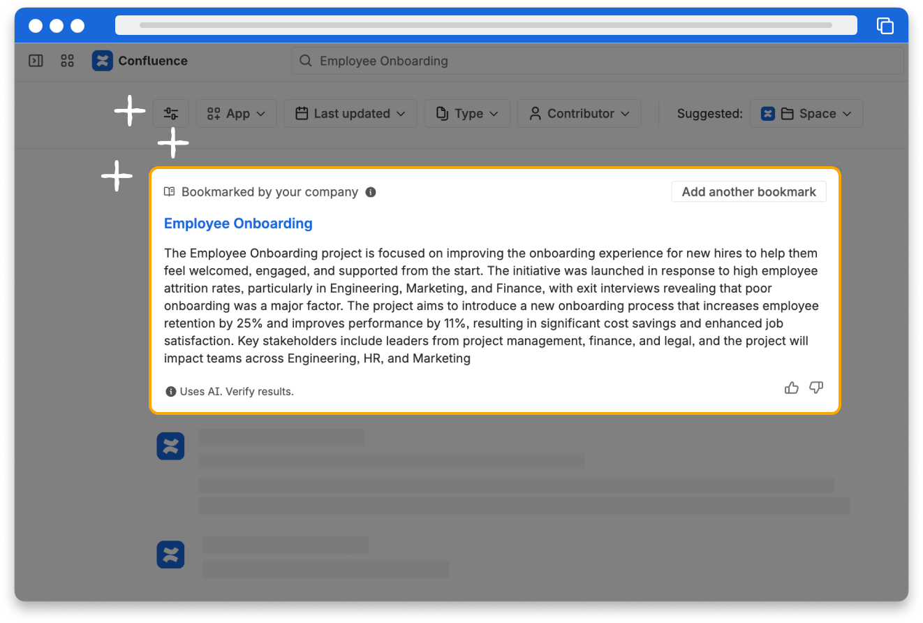 Rovo search results can include bookmarked search results to help find common documentation and resources.