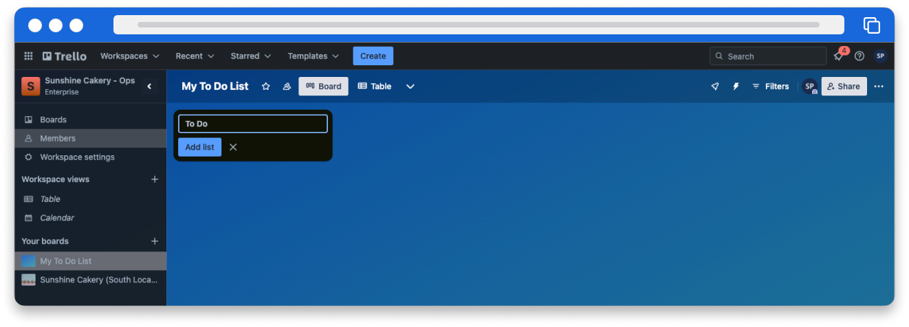 A Trello board with a single list named To Do.