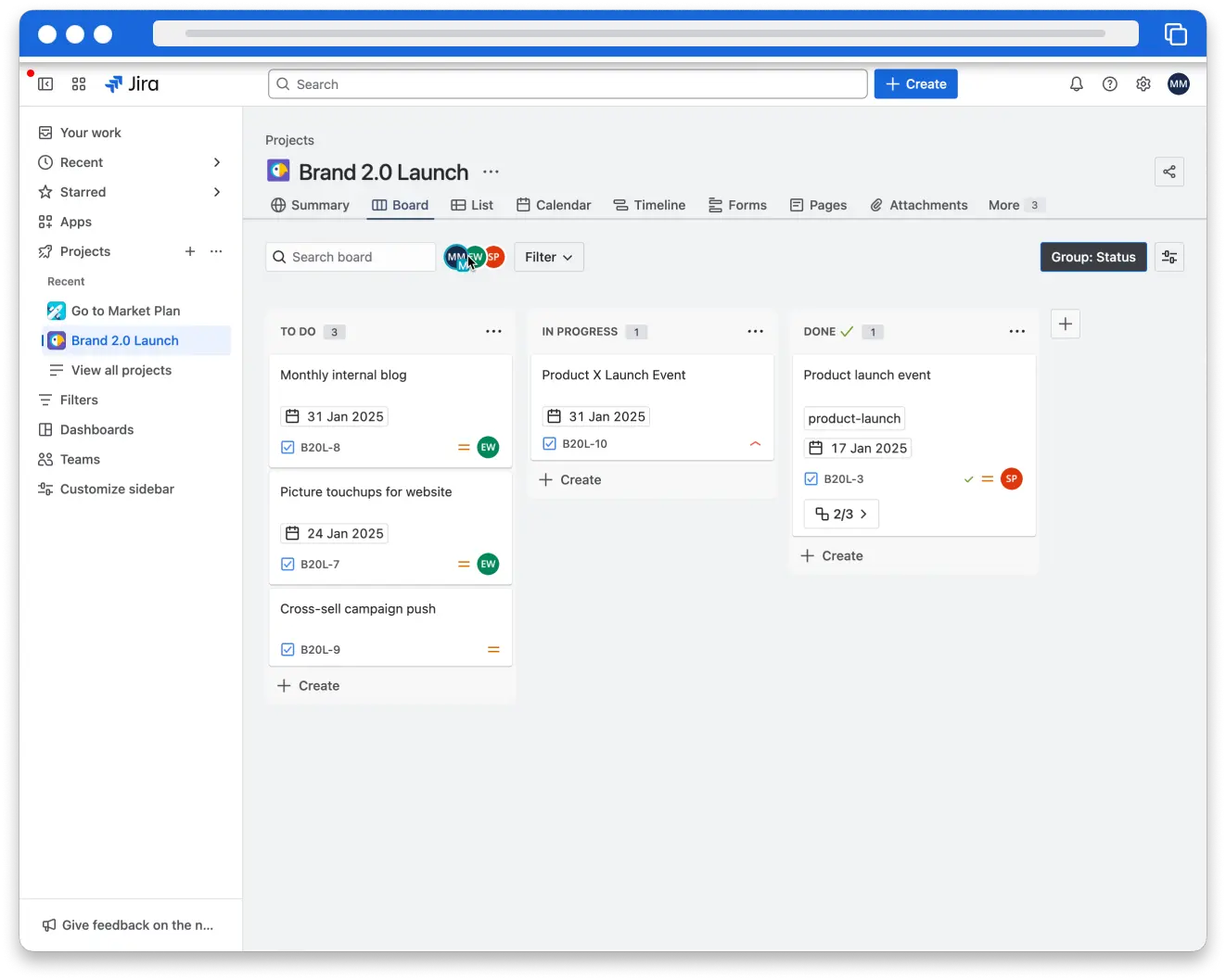 A kanban board in Jira. There are three columns, To Do, In Progress, and Done. Each column has several cards in it.