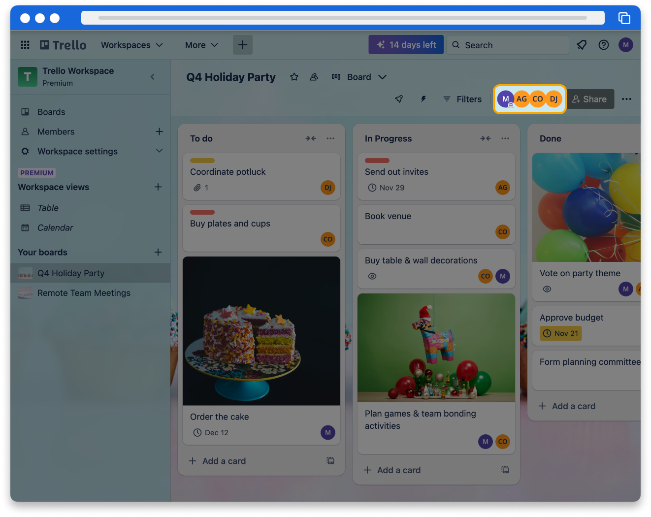 A Trello board titled Q4 Holiday party. Avatar icons are highlighted at the top right of the board showing there are 4 members of the board.