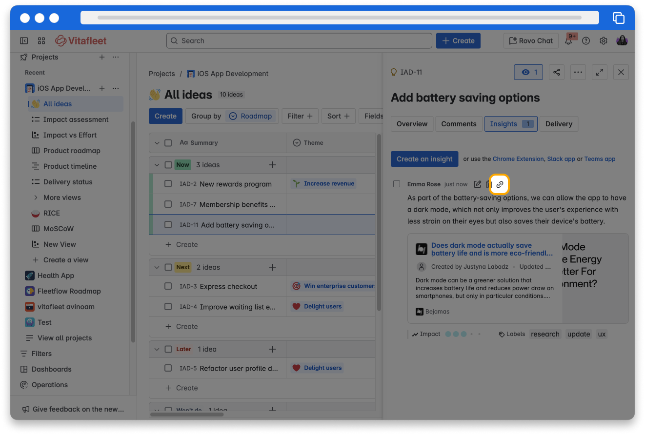 The All ideas view in the iOS App Development project is displayed with the ideas panel on the right side of the screen, open on the Insights tab. The link button, represented by a chain link, is highlighted on the insight.