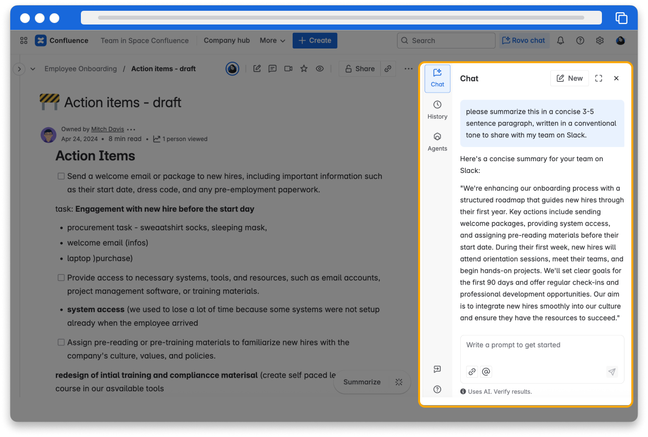 Screenshot of Rovo Chat over a Confluence page. The user asked Rovo Chat for a summary, then asked a follow-up to provide a concise 3-5 sentence summary in a conversational tone to share with their team. Rovo Chat did so.