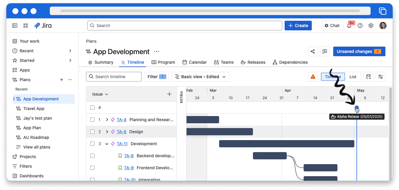 A Jira plan timeline with a marker showing a scheduled release date.