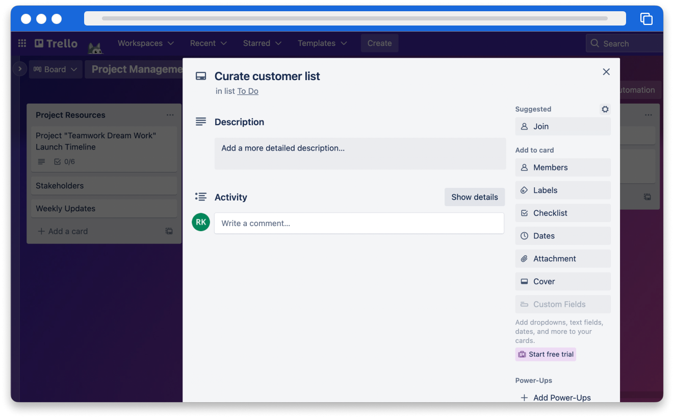 Screenshot of the back of a Trello card titled "Curate customer list"