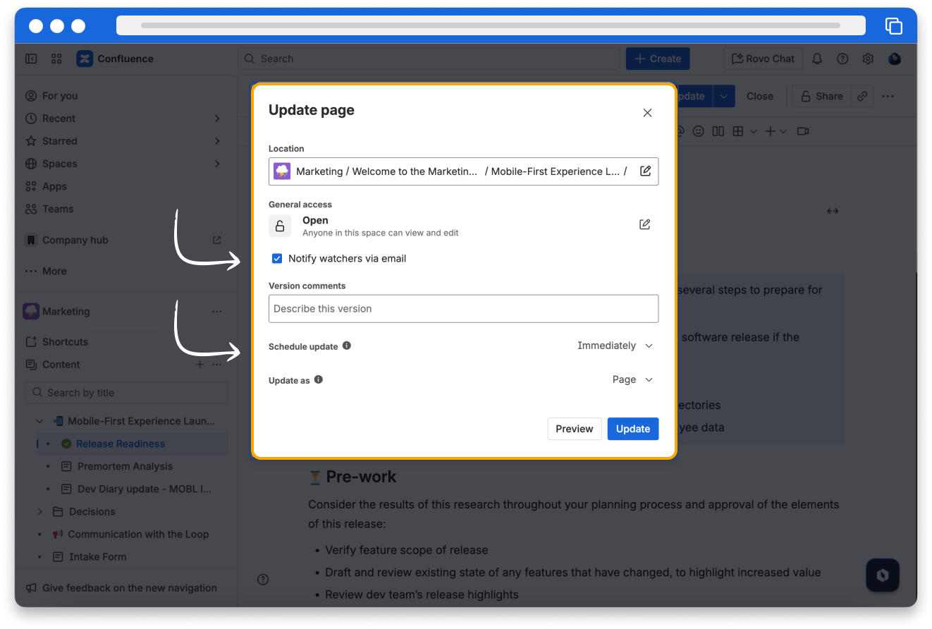 Screenshot of the More actions menu on a Confluence page in edit mode. The Update without notifying watchers option is highlighted.
