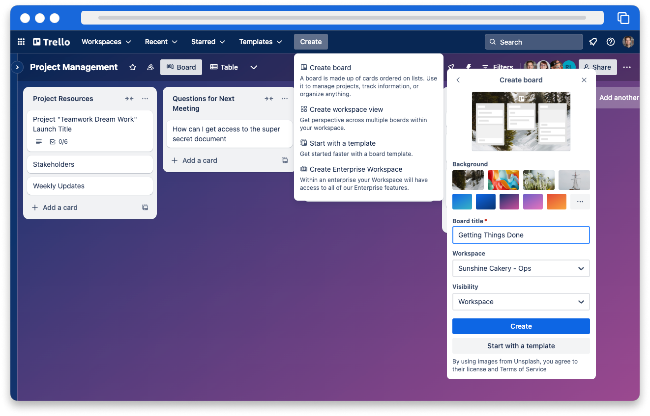A screenshot showing the Trello board creation process, including options for customizing the board background.