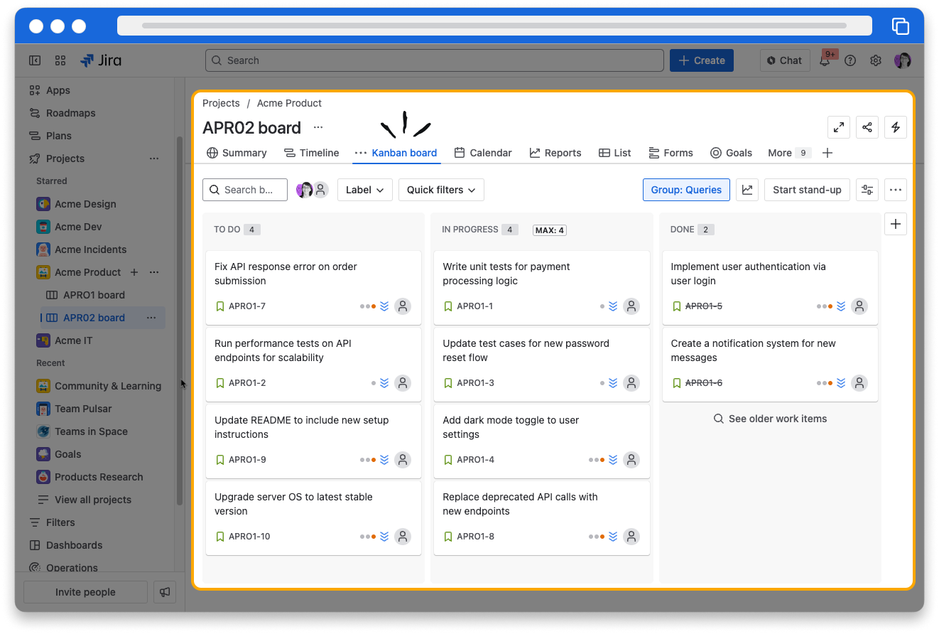 Screenshot of a Jira kanban board. The center of the board and the Kanban link in the left navigation are highlighted.