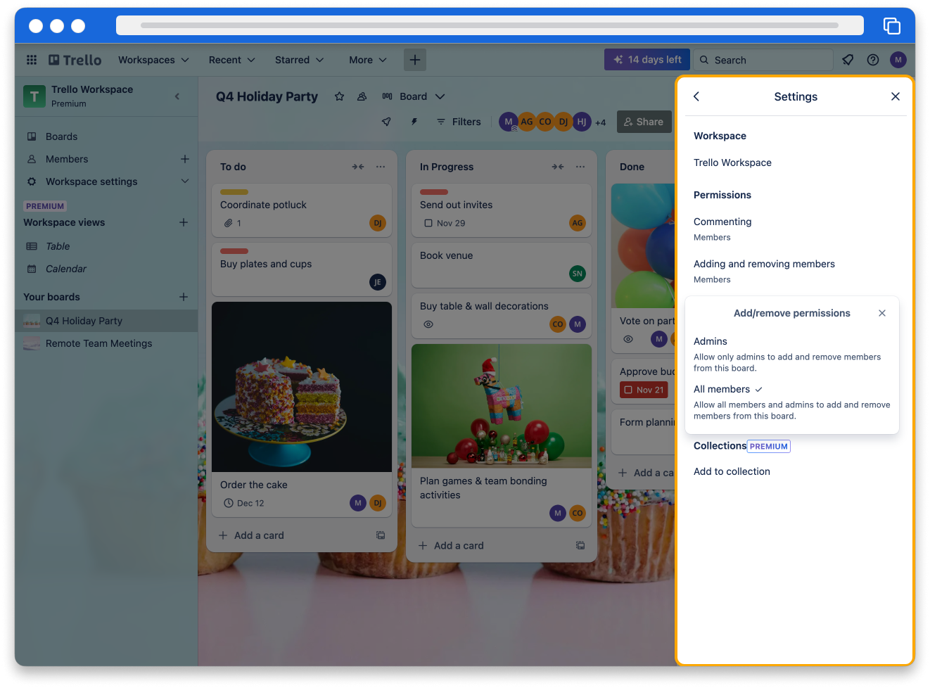 A screenshot of the ‘adding and removing’ permissions dropdown menu appearing within the board Settings menu