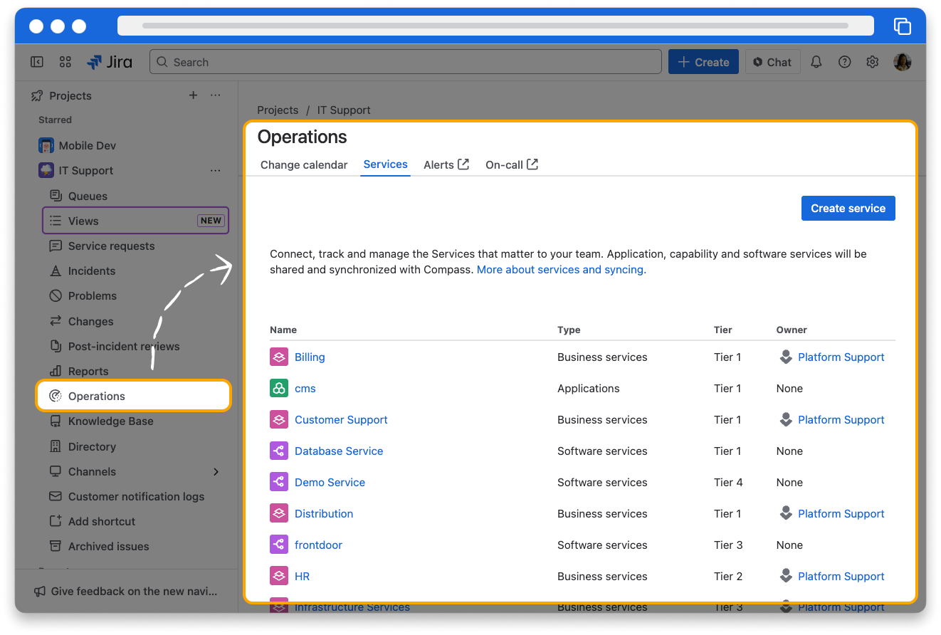 The Services page in Jira Service Management. There are several names of services listed. Next to the service names are different tiers.
