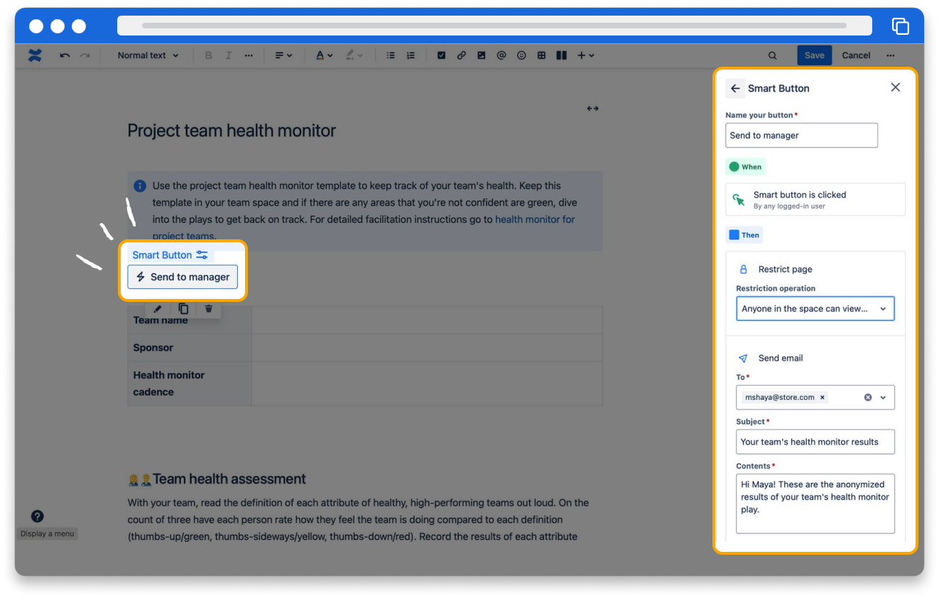 Screenshot of a page in Confluence with the smart button configuration panel open.