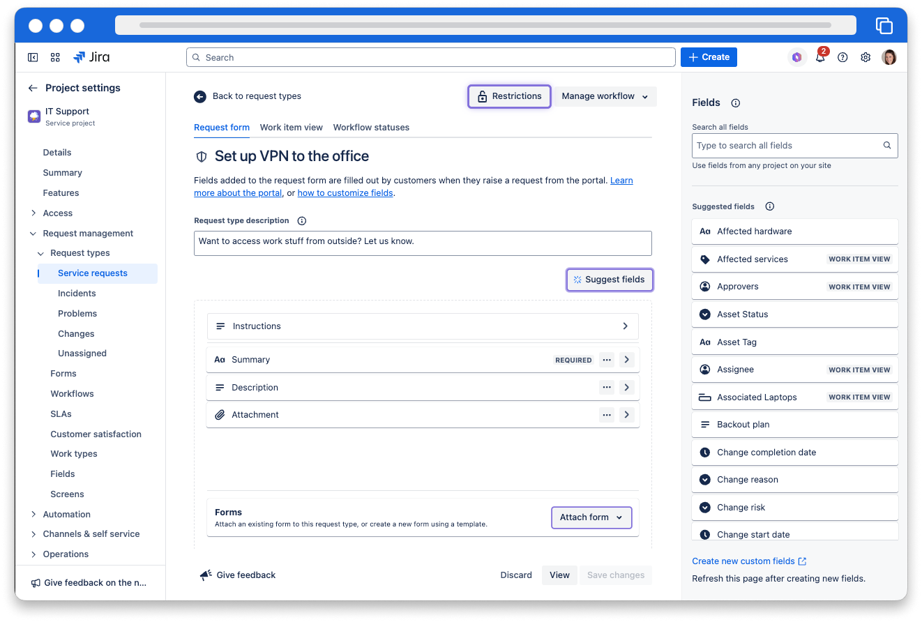 The jira software interface. The field configuration page for the "Set up VPN to the office" page is open, showing the existing field configuration for this request type including "Instructions", "Description", "Summary" and "Attachment"