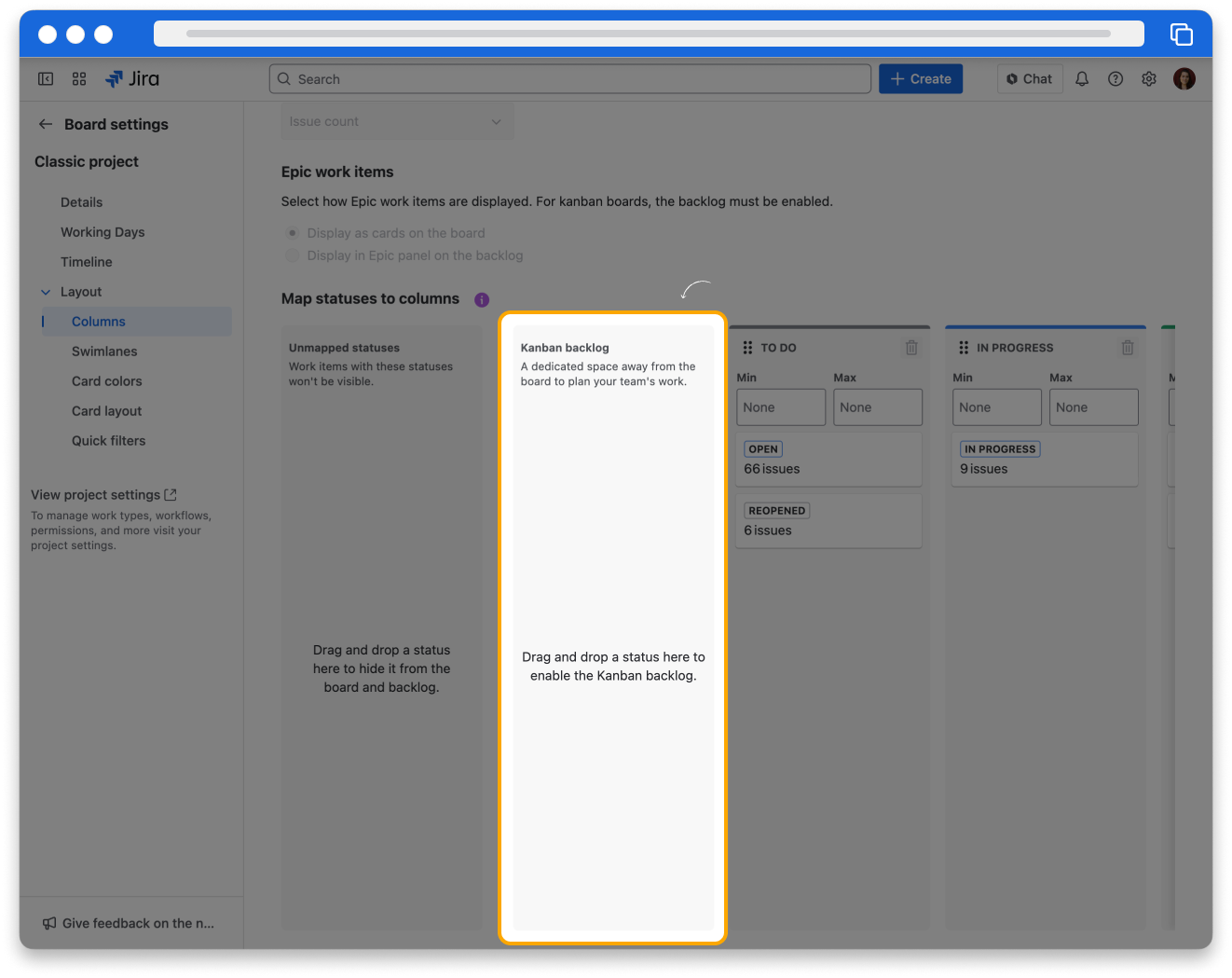 The columns page of Configure Board settings. The left-most column is the kanban backlog. To the right is another status column that also says Backlog. The the right of that are three more status columns.