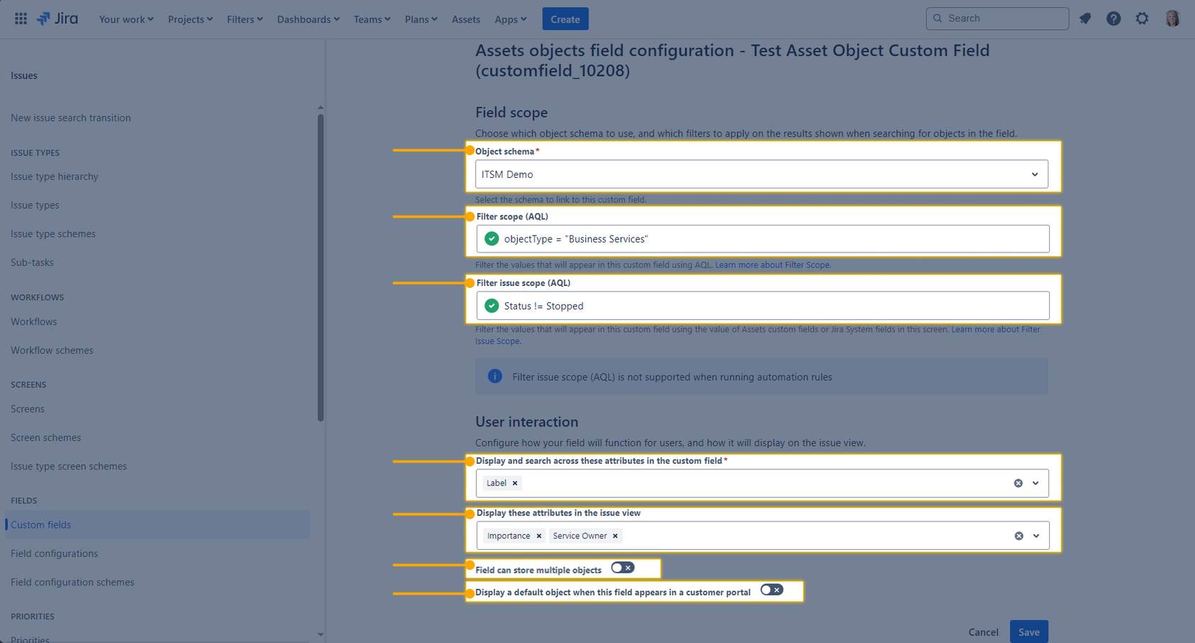 The custom field configuration screen in Assets.