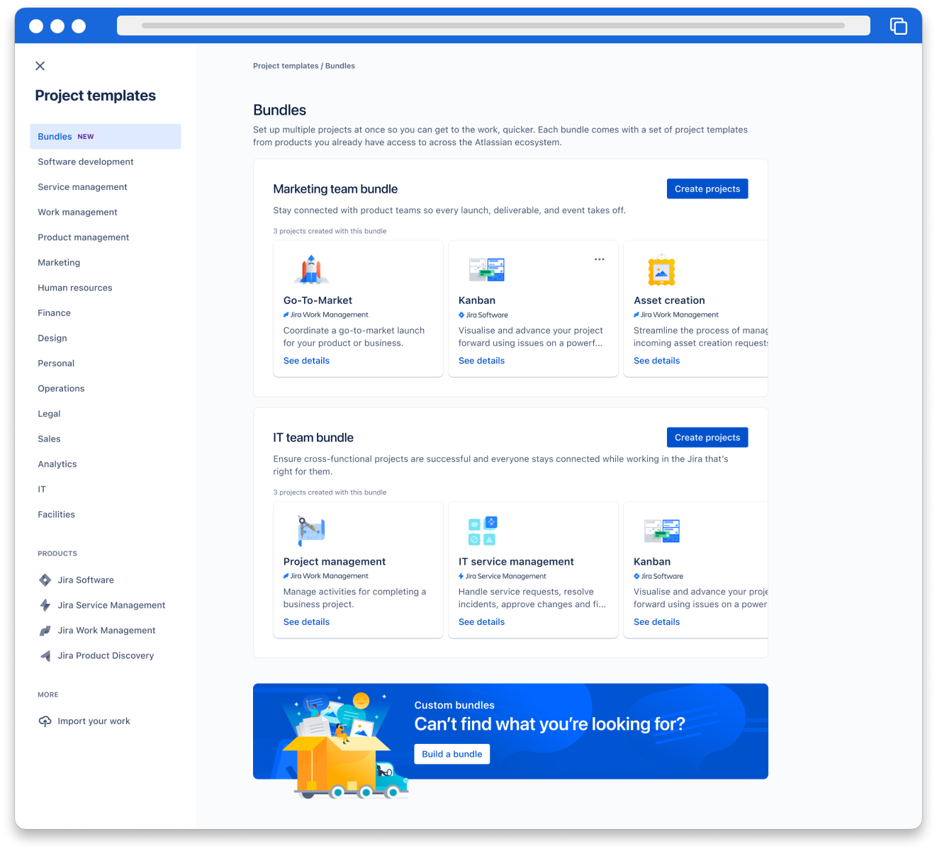 Screenshot of Jira showing the project templates menu with options like Software development, Service management, Human resources, and marketing