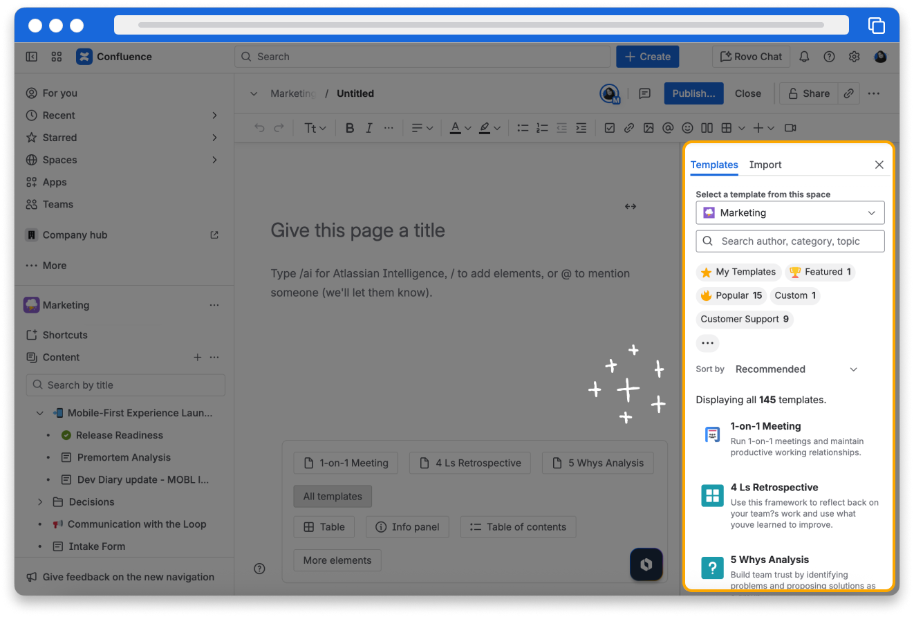 Screenshot of Confluence showing available page templates on a newly created page