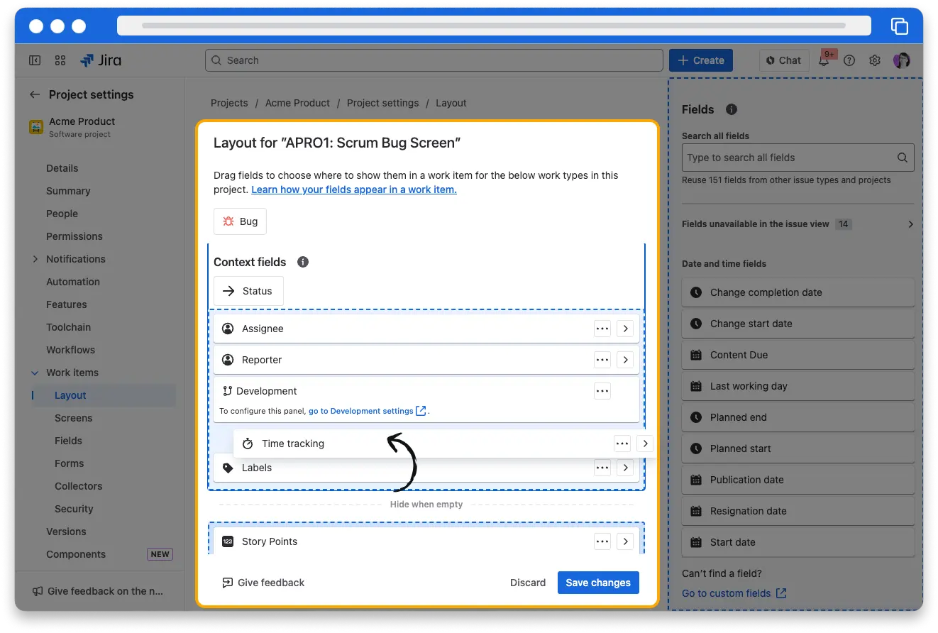 Screenshot of Jira showing the editing of an issue layout, with a user dragging and dropping issue fields into a different order
