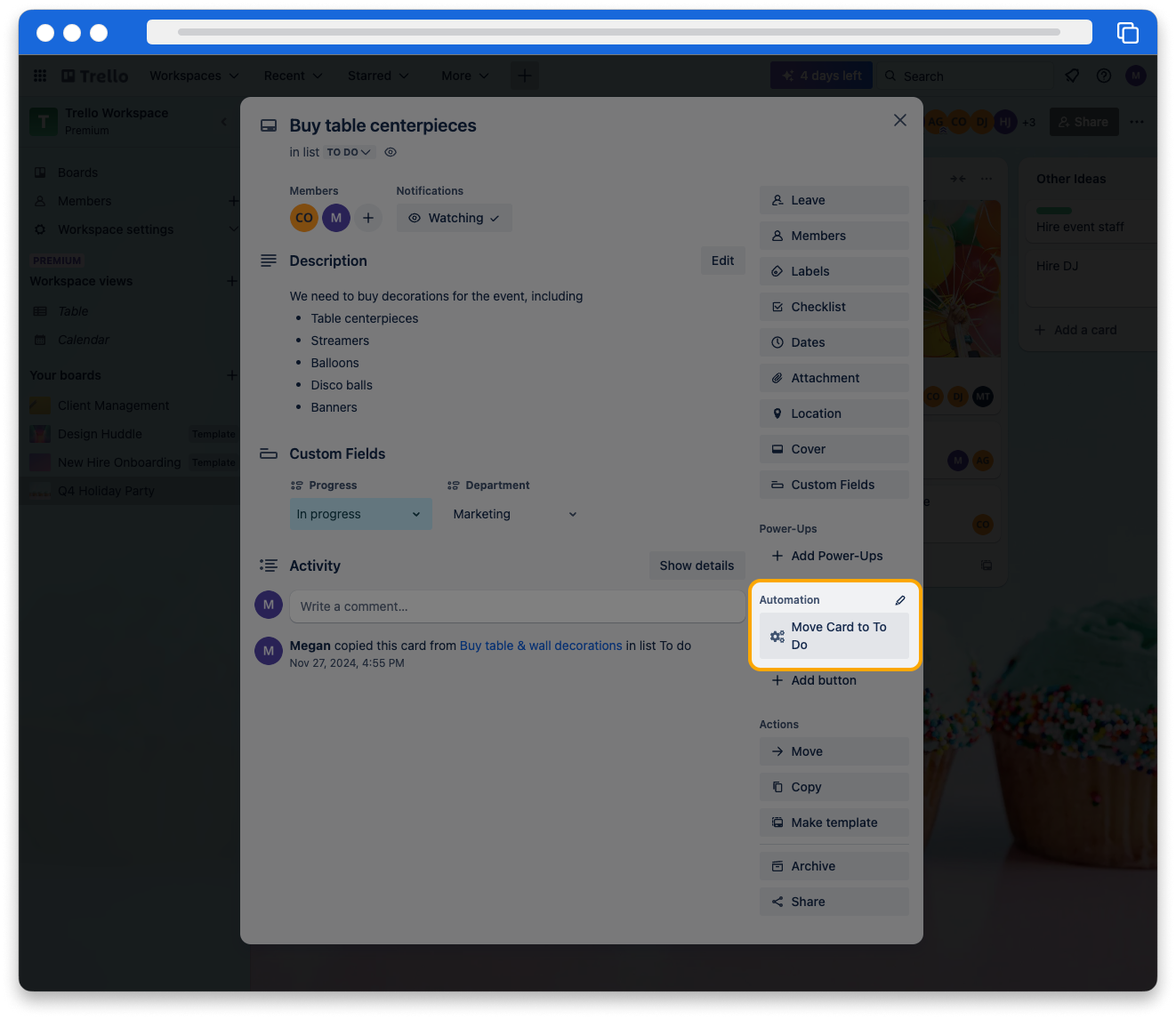 A screenshot of the backside of a Trello card with the card button “Move Card to To Do” highlighted on the right side of the card.