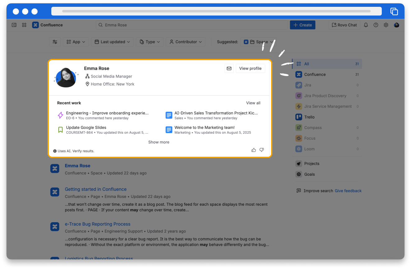 Screenshot of a Rovo knowledge card for a person showing their work and collaborators, with links
