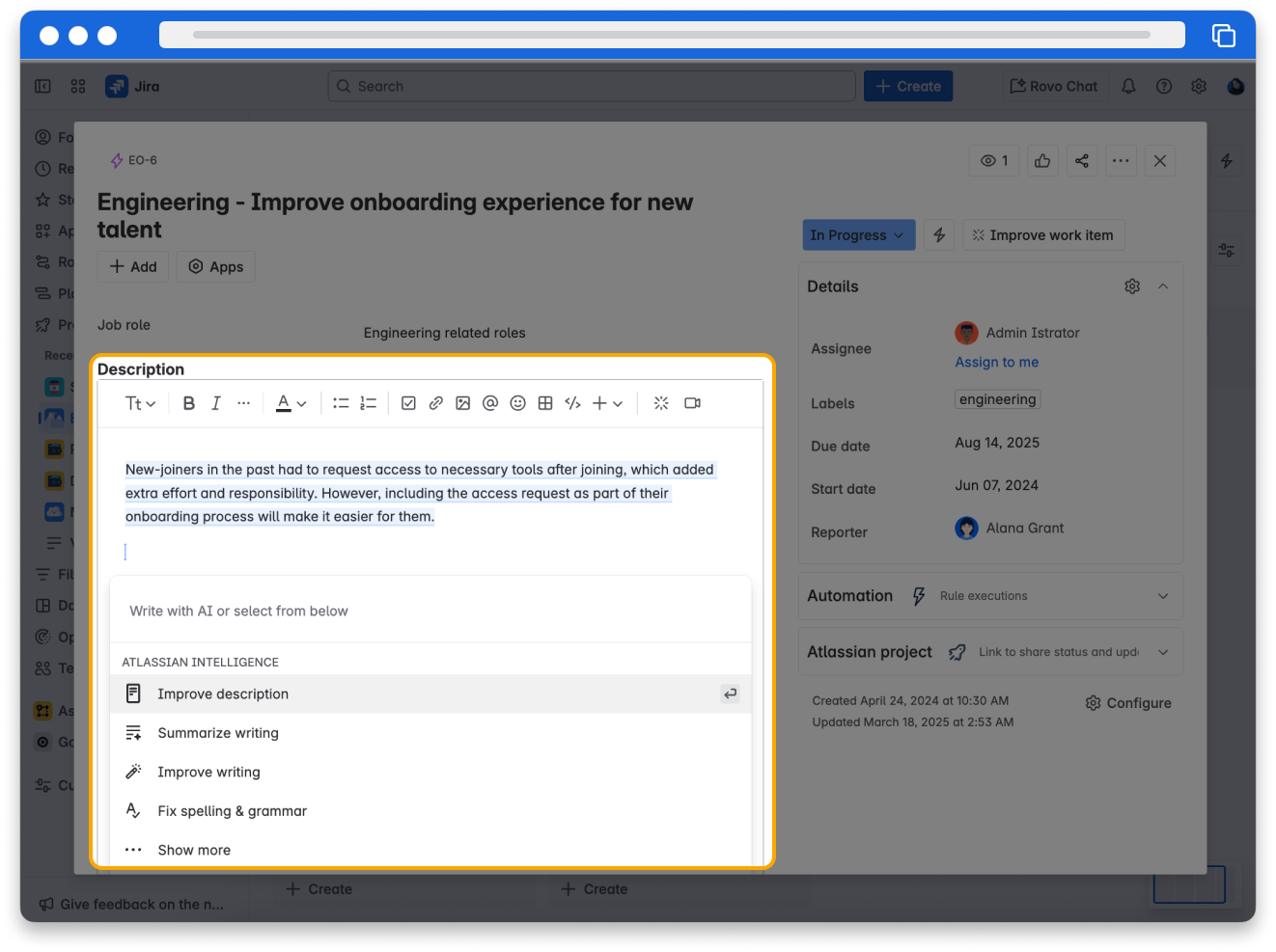 Jira work item with the description highlighted to show the use of Atlassian Intelligence giving a dropdown of features, Improve description, Summarize writing, Improve writing, Fix spelling & grammar and more.