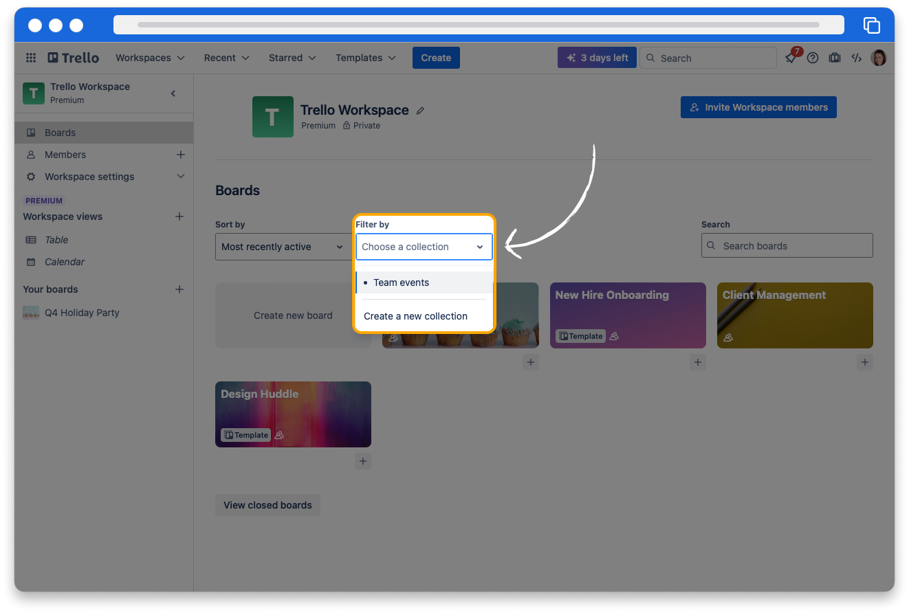 The boards view in the Trello Workspace navigation. Filter by collection is highlighted, and there is a filter called Team events.