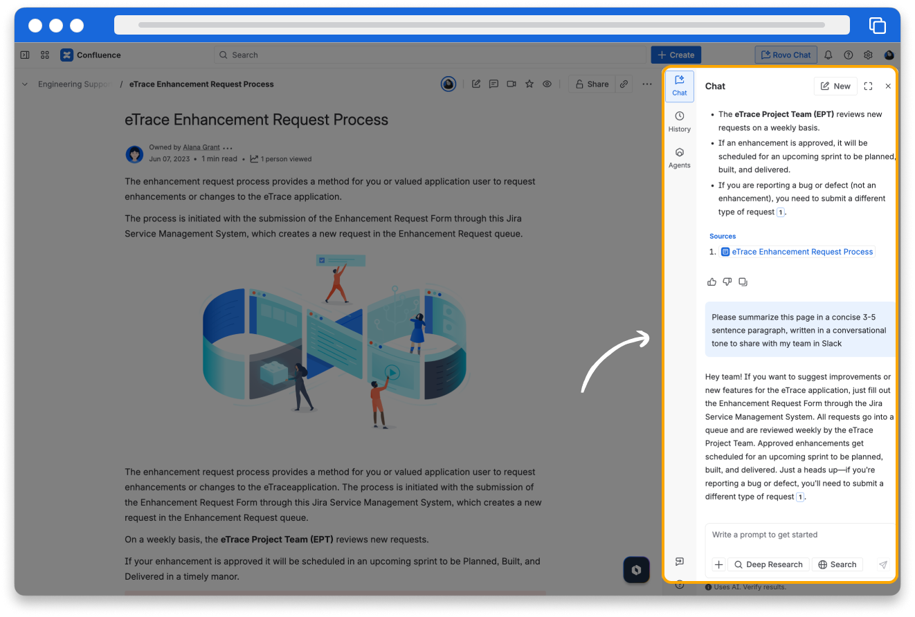 Screenshot of Rovo Chat over a Confluence page. The user asked Rovo Chat for a summary, then asked a follow-up to provide a concise 3-5 sentence summary in a conversational tone to share with their team. Rovo Chat did so.