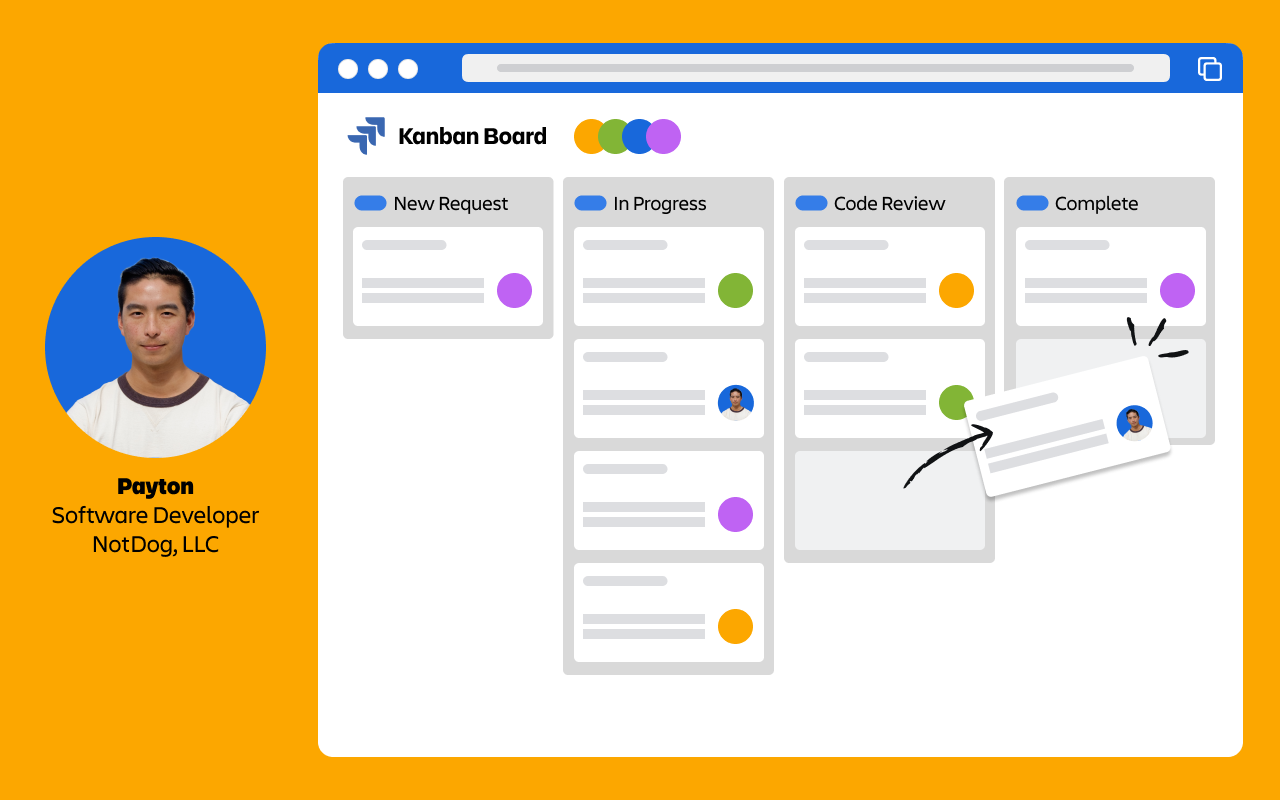 Illustration showing Payton, the software engineer, next to his team's kanban board with five columns representing different statuses and work items flowing between them