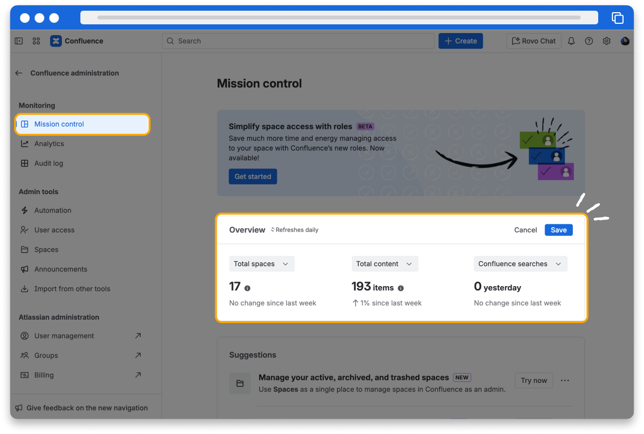 Mission control in Confluence administration. The overview section is in edit mode. One of the metric dropdowns is selected, and several metrics are available to select.