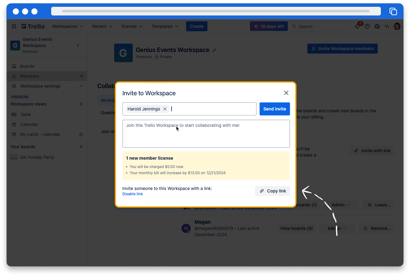 The “invite to Workspace” popup on the Members page in Trello. The “Send invite” button is seen at the top. The “Copy link” button is highlighted at the bottom. 