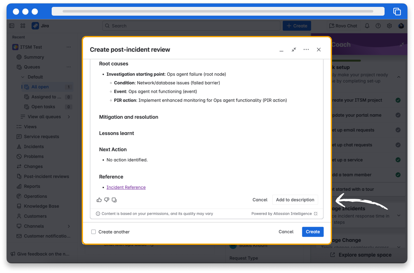 The Create post-incident review modal with an AI generated incident summary. The “Add to description” button is highlighted.