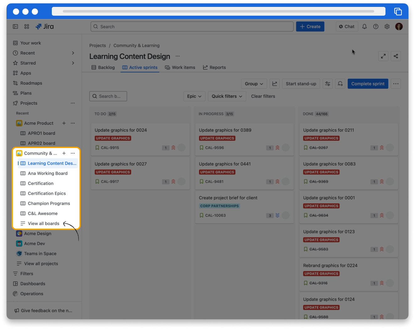 Screenshot of Jira showing the Boards button at the bottom of the expanded search bar