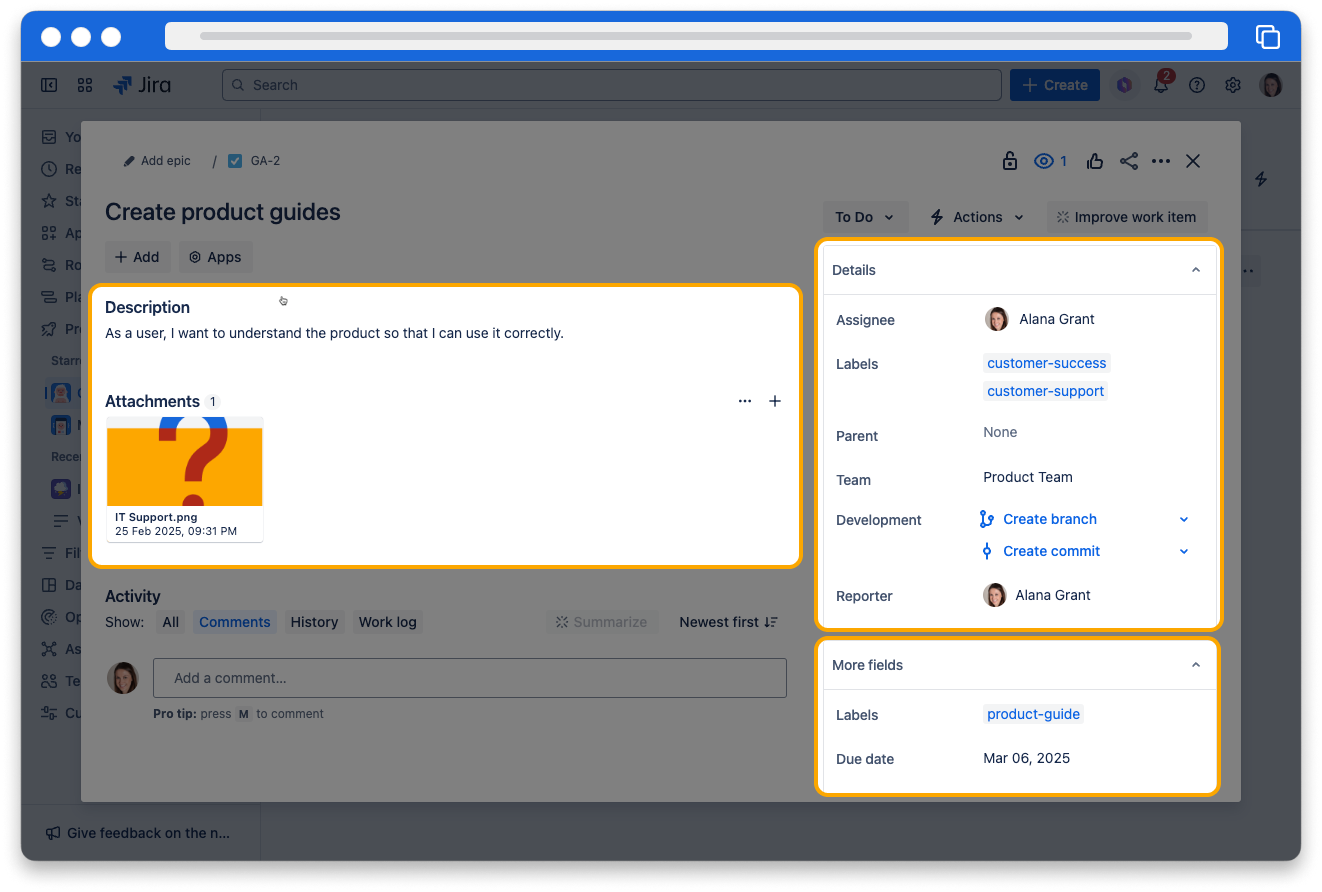 A work item in Jira. Three sections of the work item are highlighted: The work item 'description', 'details', and 'more fields' section which includes additional fields such as labels and due date.