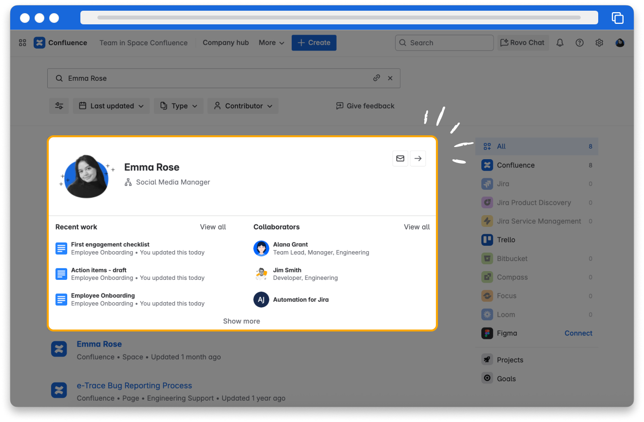 Screenshot of a Rovo knowledge card for a person showing their work and collaborators, with links
