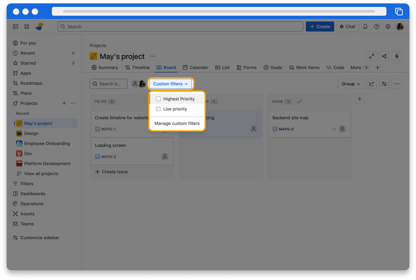 The custom filter dropdown options on the Jira board, showing high and low priority filter options