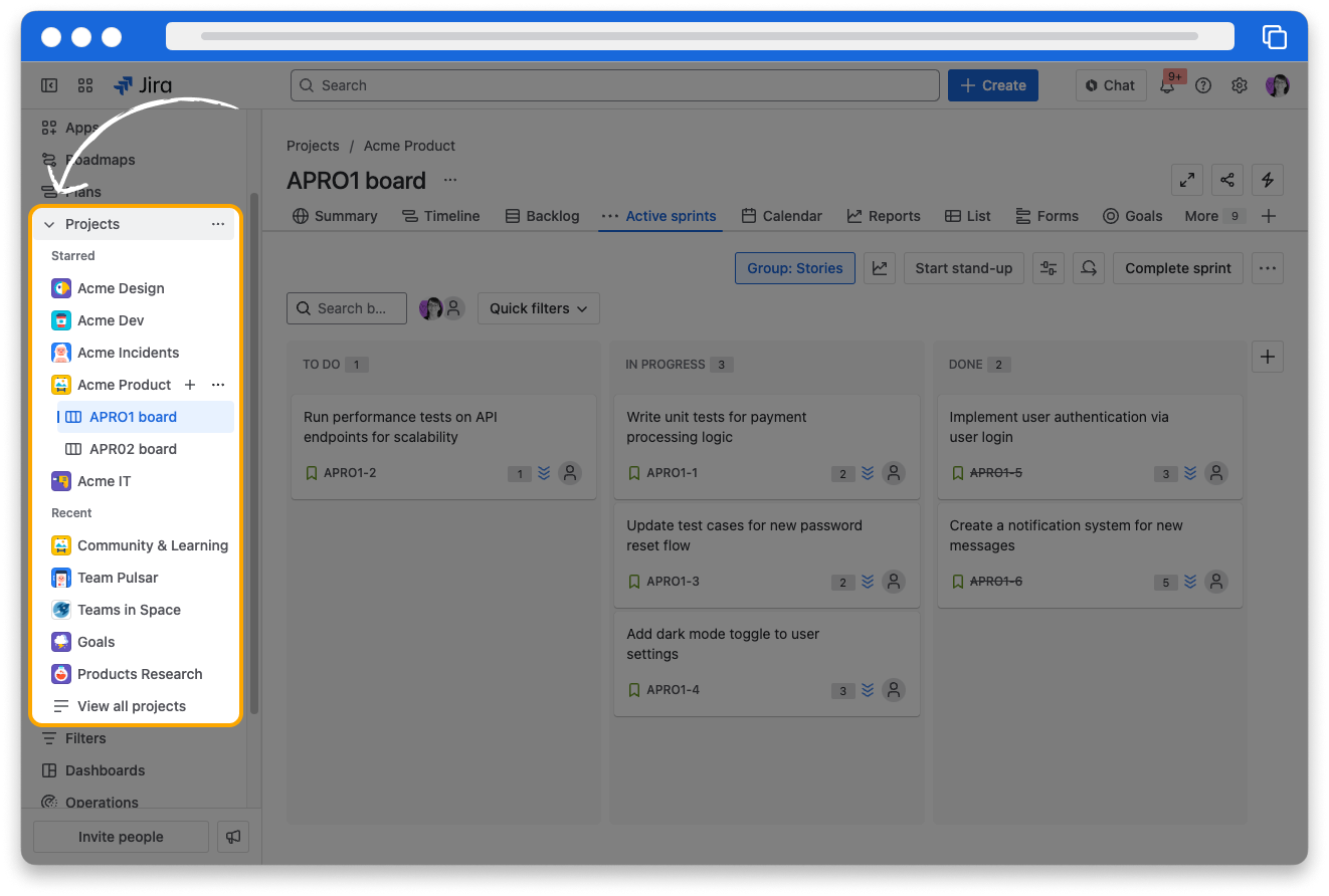 Screenshot of a Jira kanban board. The Project link has been selected in the top navigation bar and a drop-down menu of recent projects is highlighted.