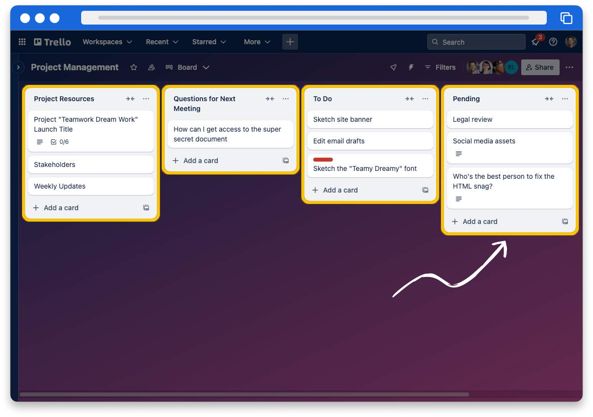 A Trello board displaying lists and cards. The lists are columns with names like Project Resources and To Do.