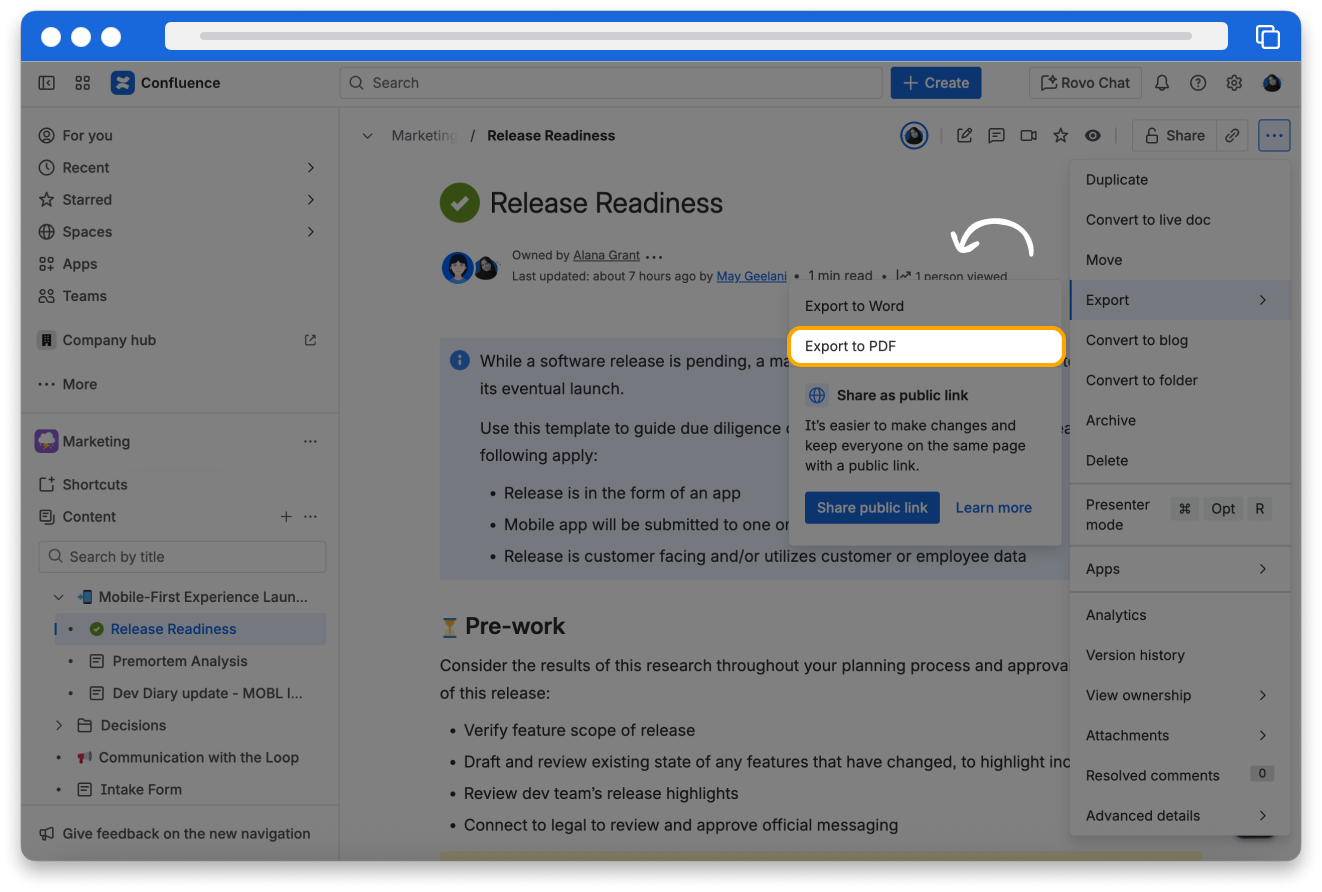 A screenshot of a Confluence page. The Export to PDF as an export option has been highlighted.