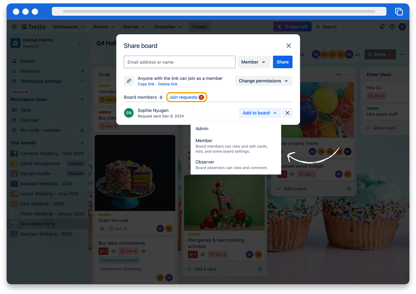 A screenshot of the Join requests tab open in the Share board pop up menu. The “Add to board” dropdown next to the requestor’s name is selected, showing the options for them to be added as an Admin, Member or Observer.