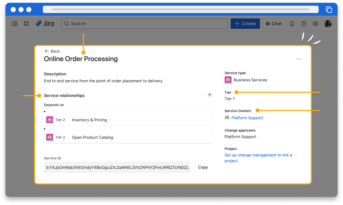 The details of a service in Jira Service Management. 