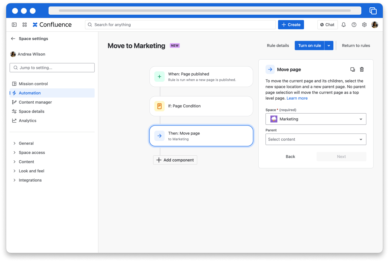 Screenshot of an automation rule in Confluence with a Page published trigger, a condition on the page title, and a move page action.