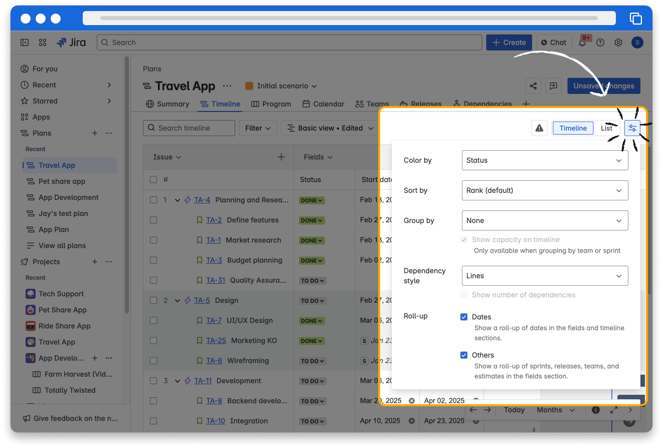 Screenshot of Jira showing the timeline view for a plan. Above the timeline, the View settings button is selected and a window appears. 