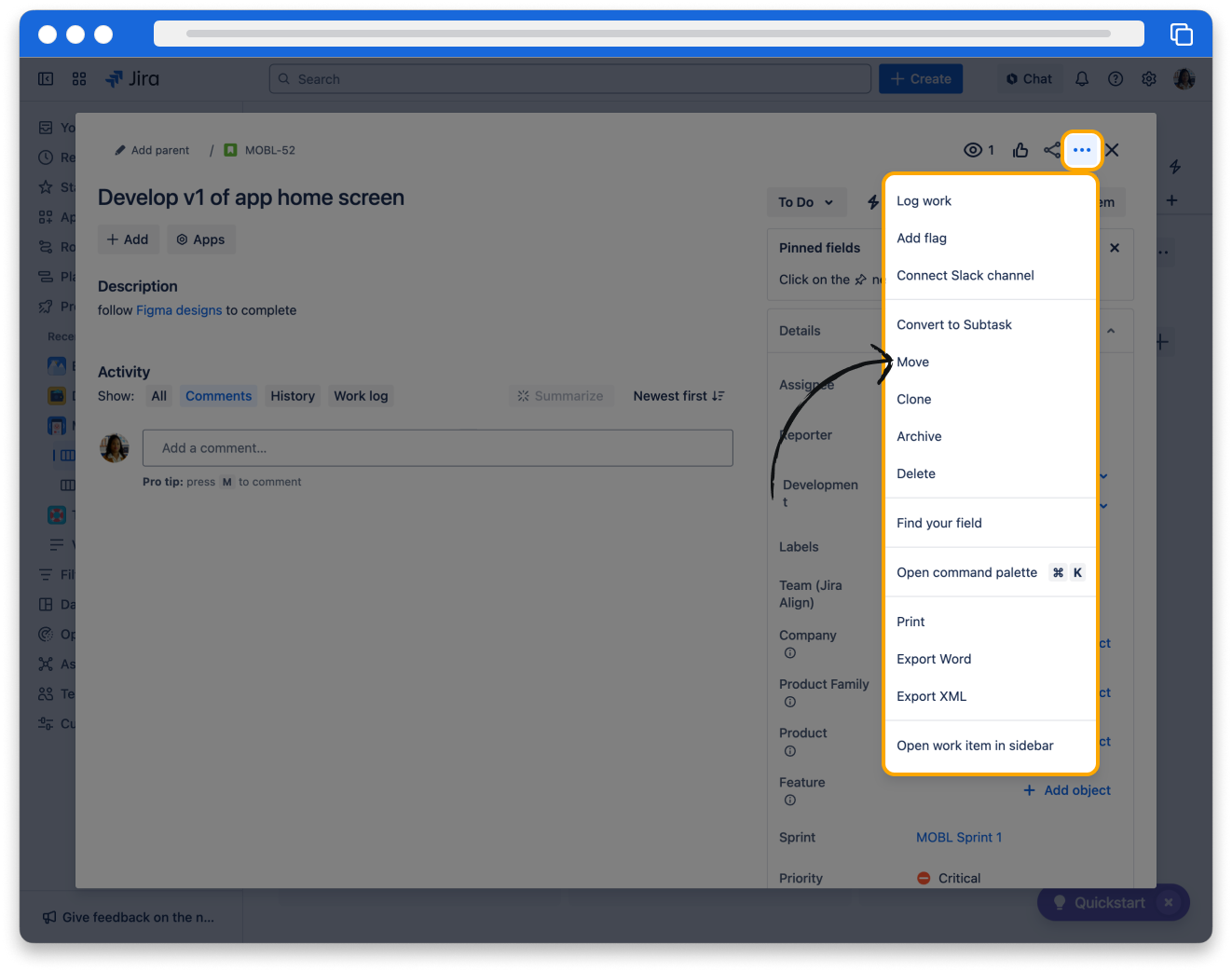 a screenshot of a work item drop down menu, highlighting the "move" option from the list