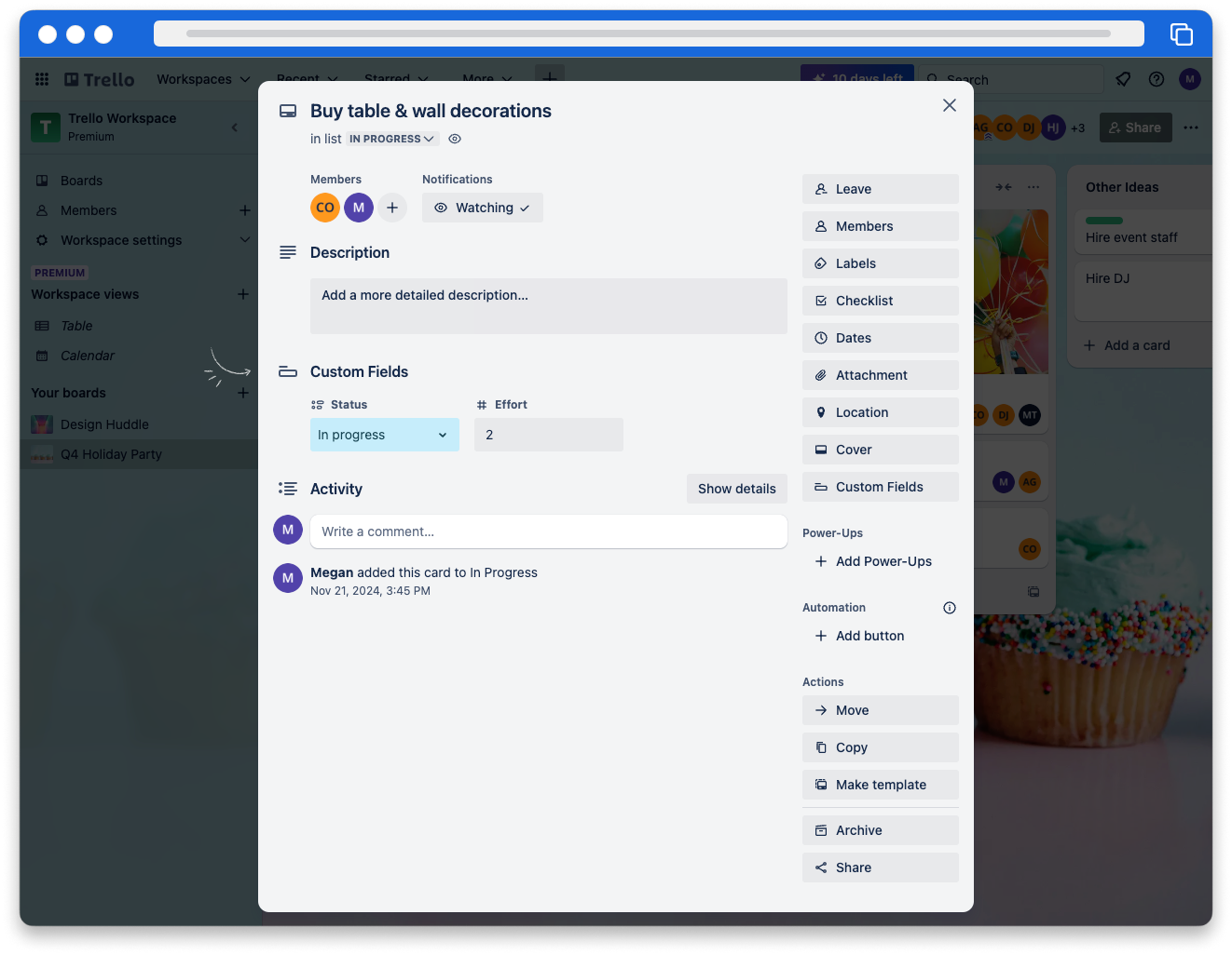 A screenshot of a Trello board card with Status and Effort custom fields.