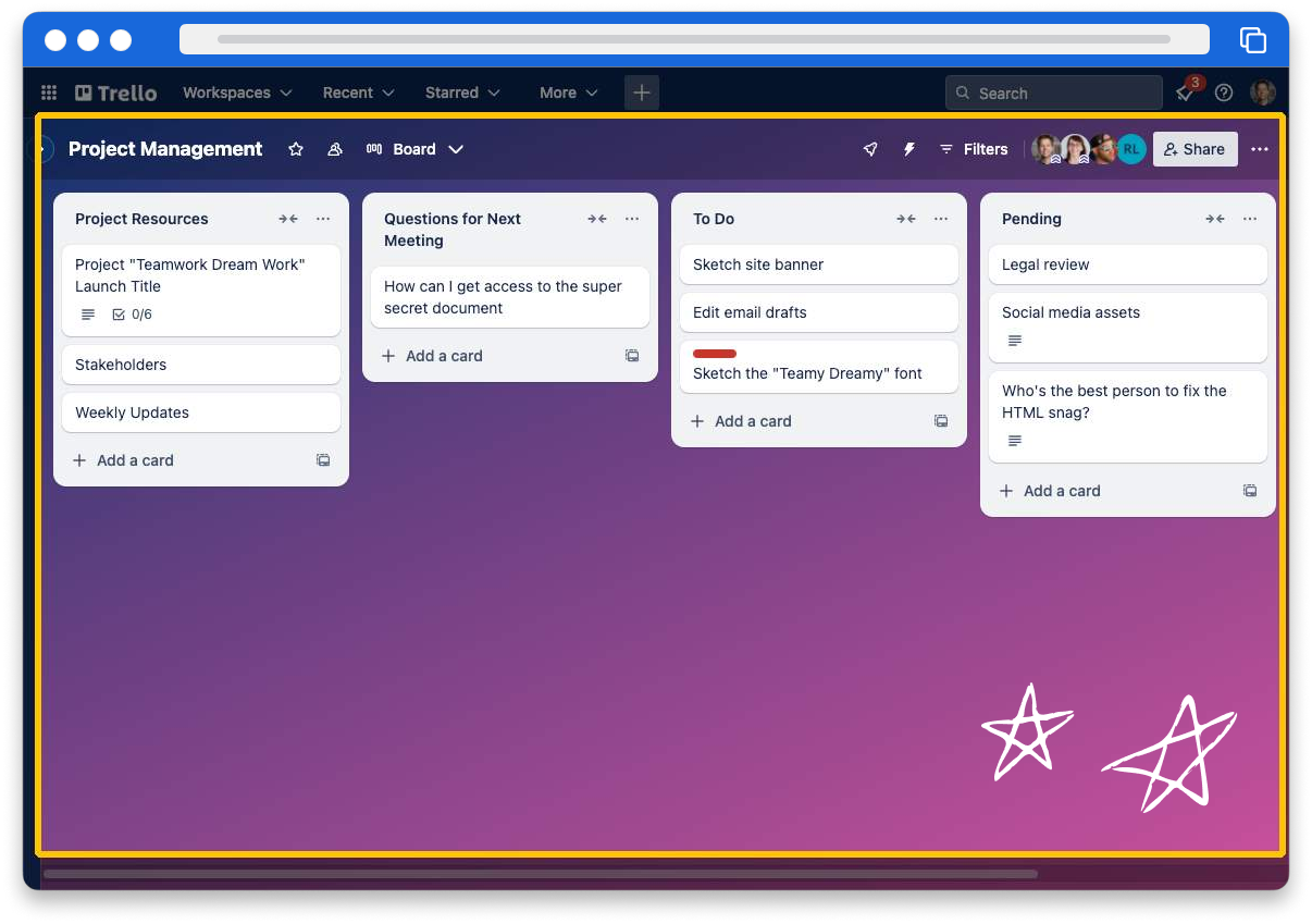 A Trello board screenshot displaying lists and cards.