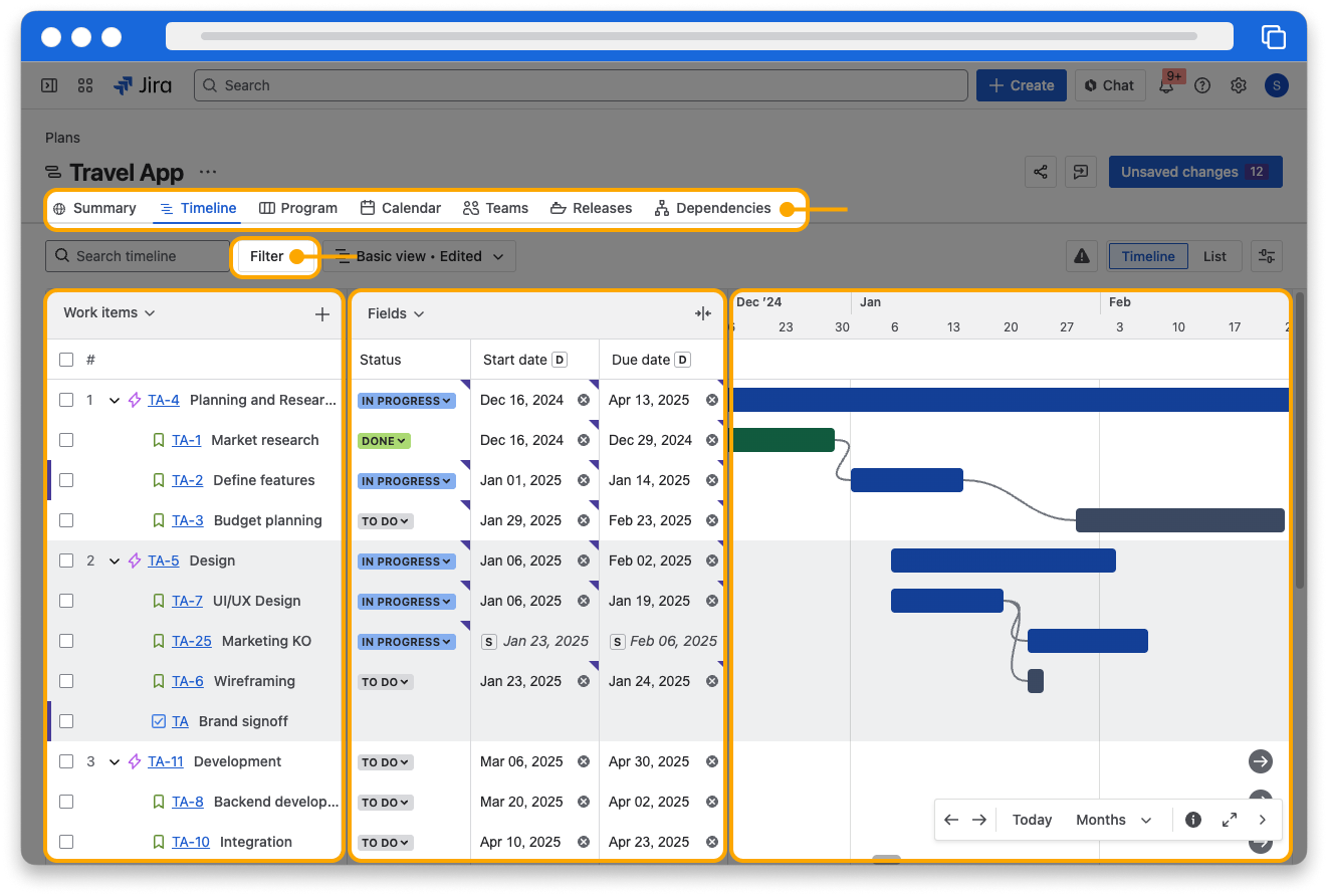 A Jira plan with highlight boxes around key features.