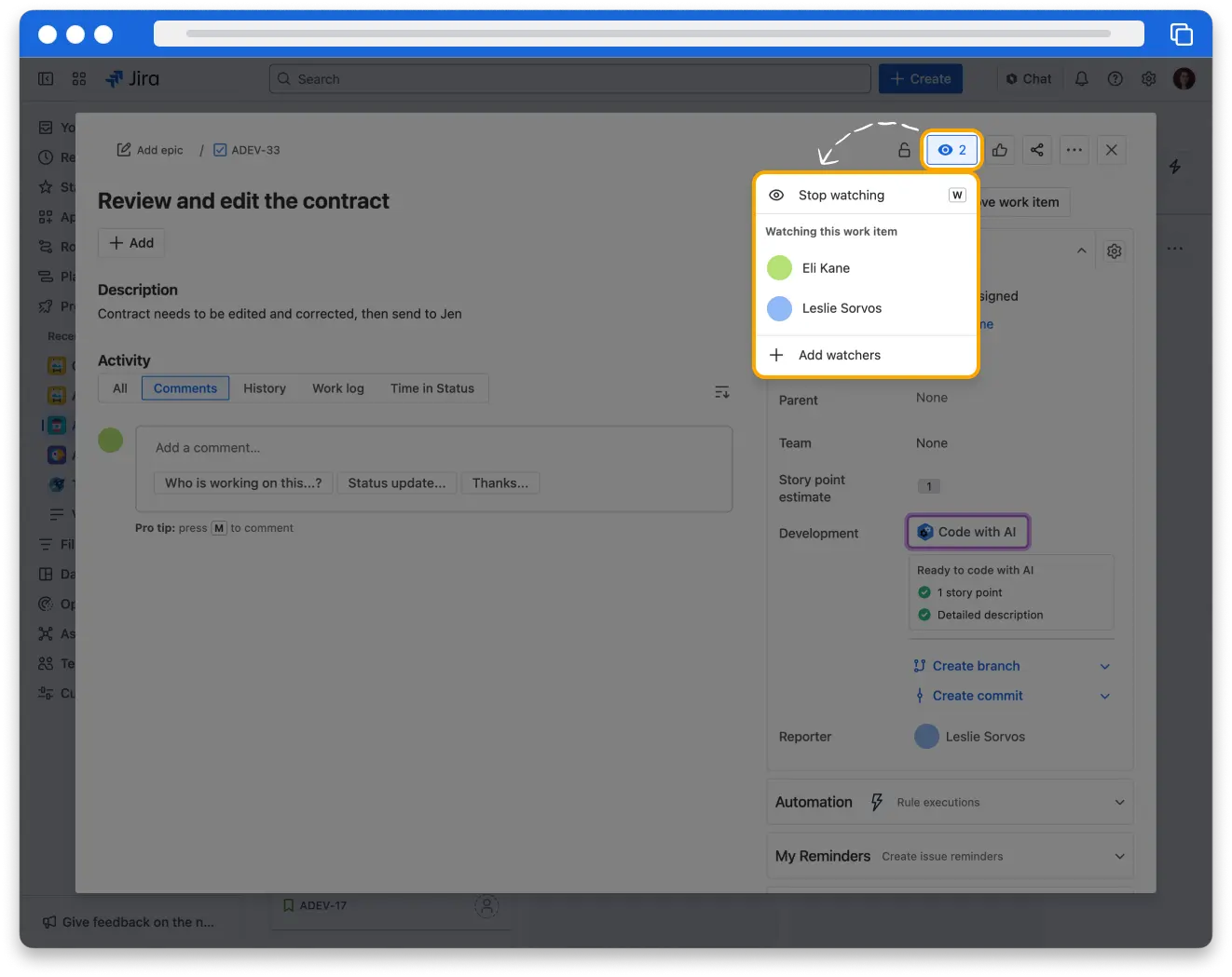 The issue detail view in Jira. The eyeball icon in the top right corner of the issue is higlighted. Below the icon is a pop-up with a Start watching option. It also shows who else is watching the issue.