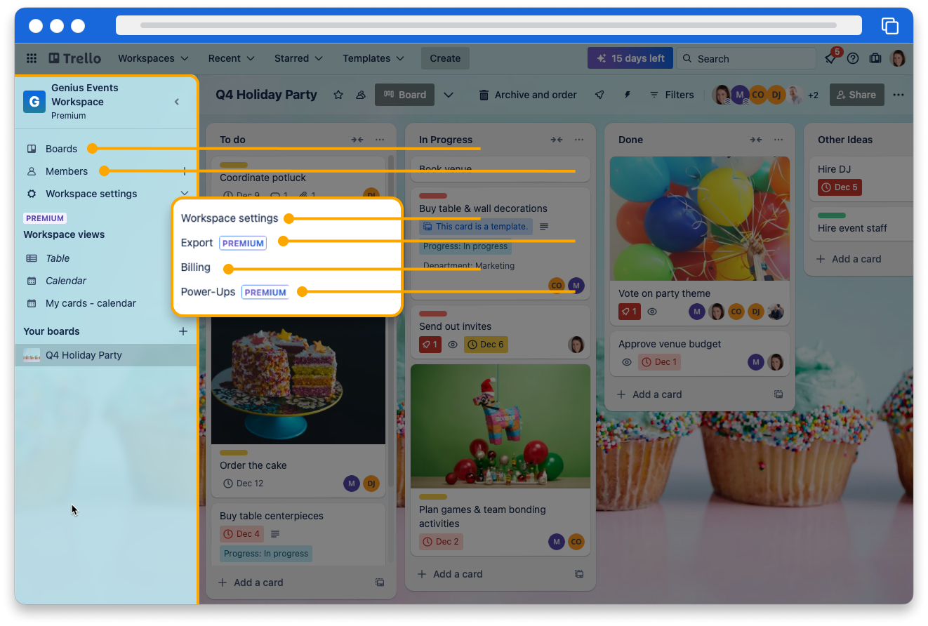 The board view in Trello. The sidebar is expanded. The Workspace settings dropdown menu is also visible.