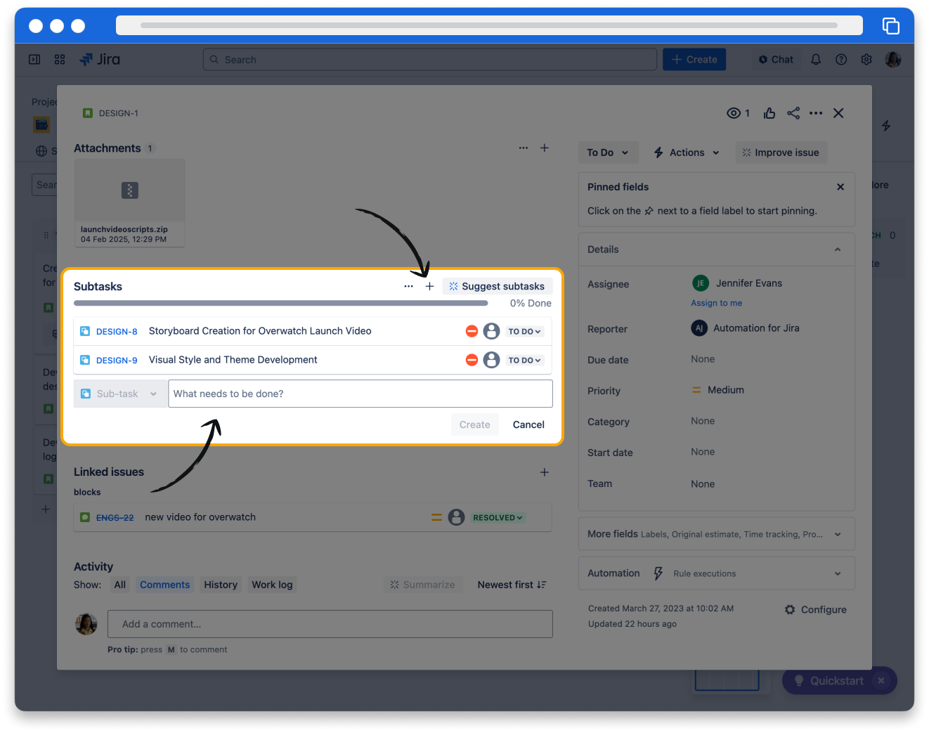 A screenshot of a Jira issue detail page. A list of subtasks for the issue is highlighted.